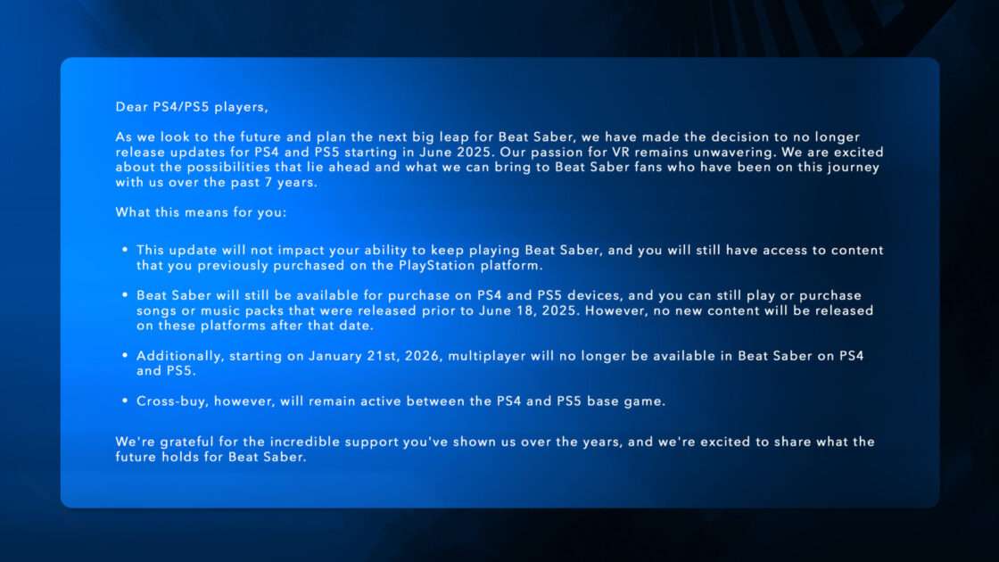 PSユーザーにとって残念なお知らせ！Beat SaberがPS4/PS5サポートを終了
